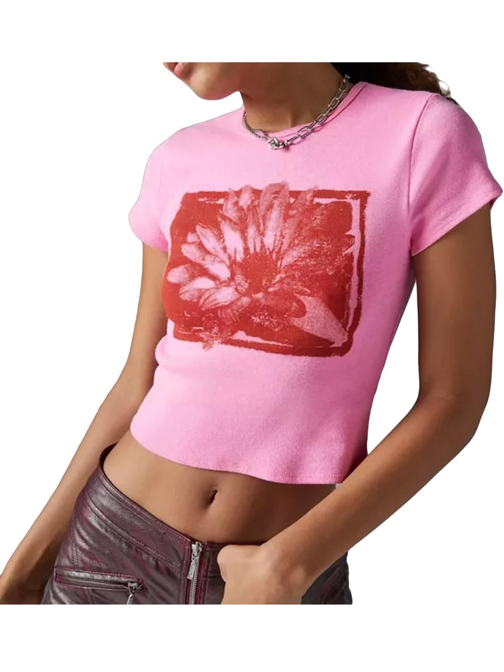 Amazon Pink Short Sleeve Crop Top with Red Floral Print